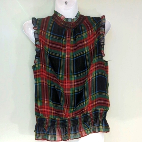 J Crew Women's  Stewart Tartan Plaid Smocked Peplum Top SMALL‎ - Picture 4 of 7